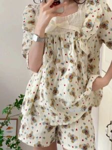 Bộ Đồ Ngủ Ren Viền Tay Ngắn Mùa Hè Cho Nữ Bộ Đồ Mặc Nhà Rộng Rãi Dễ Thương Quần Áo Mặc Nhà Phong Cách Hàn Quốc Quần Áo Mặc Nhà Cotton