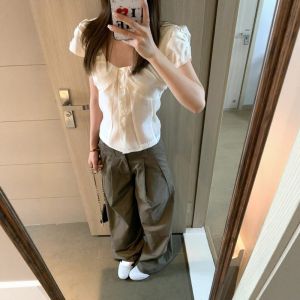 VKSOD | Sweet Style Pleated Square Collar Short Sleeve Womens Shirt High Waist Wide Leg Pants Two Piece Set Summer Fashionable