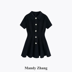French Elegant Black Pleated Heavy Embroidered Slim Waist Little Black Dress