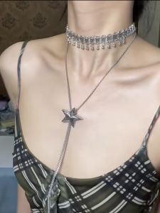 Cold Wind Fancy Silver Pull Five-Pointed Star Long Necklace Niche Design Tassel Twin Clavicle Chain