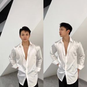 Mens Latin Dance Shirt Satin Long Sleeve Competition Performance Practice Clothes Shiny Suit for Rumba And Cha Cha Dance