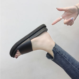 Womens Summer Thick Heel Flat Bottom Sandals Outdoor Wear Black Fashionable Korean Style All-Match Slip-On Slippers