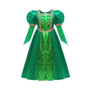 Girls Fiona Floral Print Green Princess Dress Children Stage Performance Costume Birthday Halloween Masquerade Party Gown Frock