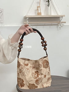 Retro Floral Embroidery Brown Shoulder Bag with Wood Bead Chain Underarm Bag for Women Spring Summer New Style Soft Square Bag