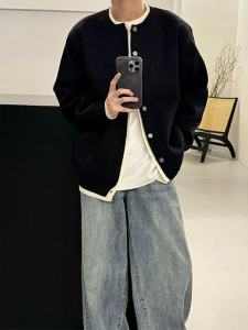 Áo Len Cardigan Hai Mảnh Màu Đen Phong Cách Mỹ Thường Ngày Cho Nam Mùa Thu Đông Cổ Tròn Dài Tay Áo Khoác Ngoài Thường Ngày