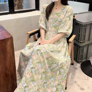 Summer Cotton Silk Dress Womens Waist Cinched Thin Sweet Floral V-neck Maxi Skirt Artificial Cotton Holiday Beach Long Dress