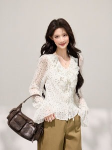 THROUS | Áo Chiffon Đốm Flounced V-Neck