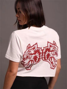 Womens Sporty Wolf Head Print T-Shirt Loose Fit Running Top Quick Dry Breathable Fashionable Short Sleeve Cotton Polyester Blend