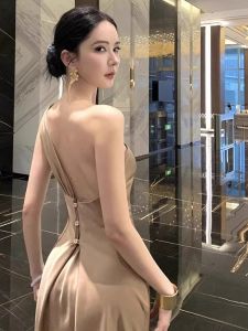 Elegant Champagne Grey Glossy Backless Dress High Waist Soft Satin Birthday Party Formal Dress Long Skirt Shoulder Bared