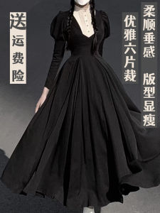 ชุดเดรสคอตตอนสีดำยาวแขนพองสไตล์โกลเตอร์ไซเบีย เดรสผู้หญิงสีดำแขนยาวทรงเอเอวสูงสำหรับงานคอนเสิร์ตการ์ตูนและงานมัลติมีเดีย