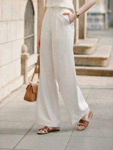 XIANGYING | White Tencel Linen High Waist Loose Straight Leg Pants