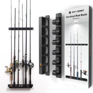 6-Slot Wall Mount Fishing Rod Rack Vertical Garage Storage Holder Heavy Duty & Space-Saving Keeps 6 Rods Organized &Tangle-Free