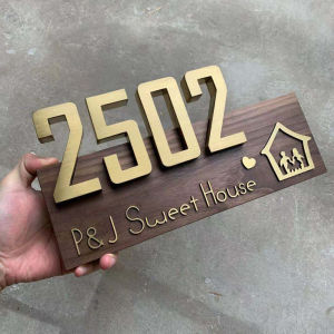 Creative Design Luminous Solid Wood House Number Plaque High End Hotel Villa Door Plate Entrance Sign Modern Simple Style