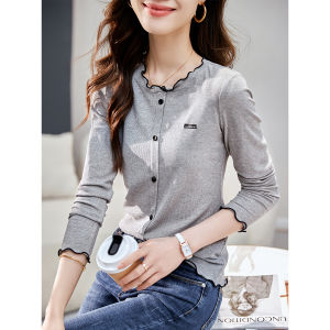 เสื้อยืดแขนยาวผู้หญิงสไตล์เรียบง่าย ดีไซน์ริบบิ้นไม้ สวมใส่สบาย ทรงตรง คอกลม ฤดูใบไม้ผลิและฤดูใบไม้ร่วง