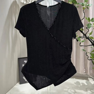 BINKAFENNY | Black Beaded V-Neck Short Sleeve T-Shirt Slimming