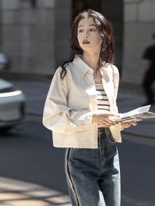 Simple Pure Long Sleeve Shirt Thin Outerwear Jacket Short Style Womens Loose Fit Spring Autumn Korean Version Small Size Shirt
