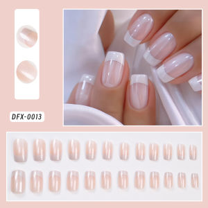24Pcs White Pearlescent French Press On Nails Glossy Nude Pink Medium Square Fake Nails Full Cover Wearable False Fingertips TD