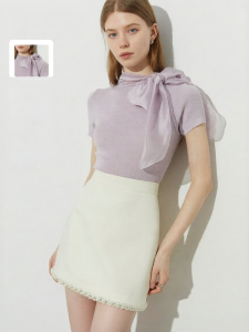 D-PLAY | Elegant French Bow Purple Knitwear Short Sleeve