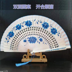 White Porcelain Carved Dance Fan Performance Square Dance Ancient Style Cheongsam Fashion Show Double-Sided Folding Fan