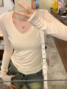 Áo Thun Nữ Cổ Chữ V Ôm Vừa Vặn Co Giãn Dài Tay Mùa Xuân Thu Thường Ngày Không Tay Áo Phong Cách Công Sở Thường Ngày