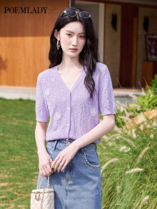 POEMLADY | Floral Design V-Neck Lightweight Knit Shirt