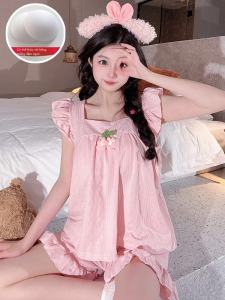 Bộ Đệm Ngực Nguyên Chất Cotton Vải Bông Đồ Ngủ Phụ Nữ Mùa Hè Cộc Tay Không Tay  Áo Hai Dây Dễ Thương Dễ Thương Bé Gái Có Thể Mặc Quần Áo Tại Nhà Bộ Hai Mảnh