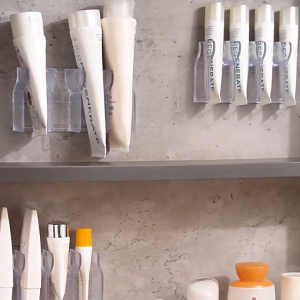 【SKIT SG】Wall Mounted Facial Cleanser Storage Rack Organizer No-Drill Adhesive Plastic Holder for Toothpaste Lotion Hand Cream Tube Bathroom Accessories Waterproof Space Saving Shelf Drain Stand Wall Rack for Home Washroom Vanity Counter