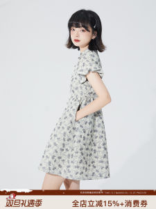 ชุดเดรสยาวแขนบานพิมพ์ลายดอกไม้สไตล์จีนใหม่ กระโปรงทรงเอ แขนสั้น ผ้าโพลีเอสเตอร์ ฤดูร้อน กระโปรงทรงเอ ชุดเดรสยาว