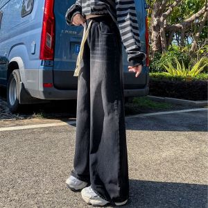 กางเกงยีนส์ขากว้างเอวยางยืดทรงตรงสำหรับผู้หญิงไซส์ใหญ่ กางเกงขายาวทรงหลวมสบาย ๆ สำหรับฤดูใบไม้ผลิและฤดูใบไม้ร่วง