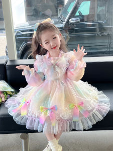 Váy Công Chúa Lưới Cạp Cao Cho Bé Gái Mùa Thu Đông Mới Về Váy Cotton Pha Trộn Dài Tay Họa Tiết Sọc Nhiều Màu Cho Trẻ Em