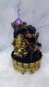Golden Ganesha Cascading Water Fountain with LED Crystal Sphere