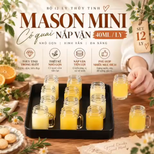Bộ 12 Cốc Thủy Tinh Mini 40ml Dáng Mason Có Quai Nắp Kim Loại Trong Suốt QTS40