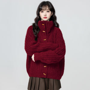 ZISUO | Áo Cardigan Len Cổ Cao Màu Đỏ