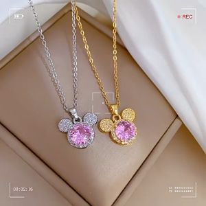 Kalung Titanium Liontin Kapala Mickey Lucu Permata Pink Anti Karat Dan Luntur