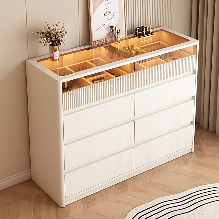 [Free installation]Glass Storage Cabinet Top 6‑Drawer Chest Dresser Cabinet With LED Light