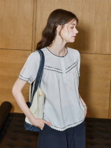 KUHNMARVIN | Áo Sơ Mi Cổ Viền Ren Tencel Tay Ngắn Cho Văn Phòng