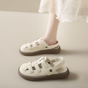 Ultra Soft Womens Roman Style Sandals Boken Woven Sheepskin Half Slippers Casual Low Cut Ankle Strap Flat Heel PU Lined