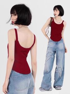 Black Neck Hanging Strap Vest Women Summer Beachwear Hot Girl Top Cover Side Breast Outerwear Short Pure Color Commute Style