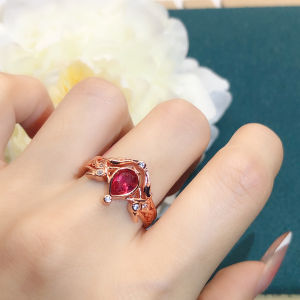 Youngever New Waterdrop Pear Shape Red Corundum Ring Plated 18K Rose Gold Angel Wings Wedding Ring Fashionable Jewelry