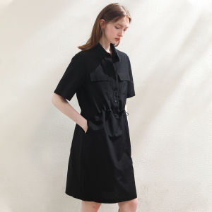 Miccbeirn | Silk Cotton Simple Polo Collar Shirt Dress Casual A-Line Skirt Waist-Cinching Commute Workwear Summer Season Solid Color