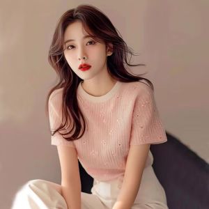 Pink Knitted Short Sleeve V-Neck T-Shirt Womens Fashionable Summer Top Casual Loose Fit Regular Length Print Design