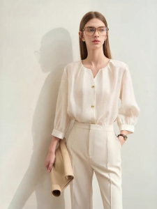 AMII | Womens Wool Tencel Blend Loose 3/4 Sleeve Blouse