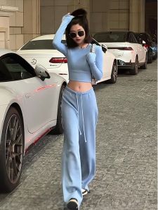 Bộ Đồ Hai Mảnh Thời Trang Thường Ngày Mùa Xuân 2025 Dành Cho Nữ Quần Ống Rộng Áo Ngắn Chất Liệu Cotton Thoải Mái Phong Cách