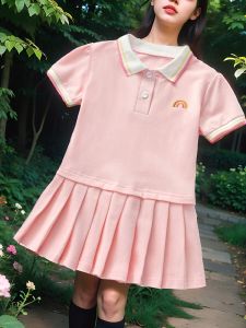 Girl Summer Short Sleeve Dress Baby Breathable Pleated Skirt Shirt Summer Kids Polo Collar Casual Sports Skirt