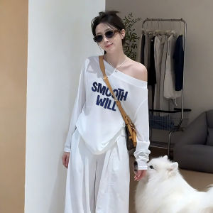 Áo Thun Cotton Dài Tay Rộng Rãi Phong Cách Mỹ Cho Nữ Mùa Xuân Thu Mới Hot Áo Thun Hở Vai Thường Ngày