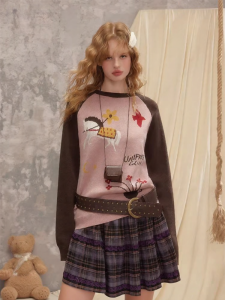 unifree | American Style Small Horse Jacquard Loose Pink Winter Knitwear