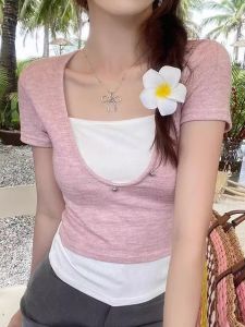 Áo Thun Nữ Tay Ngắn Cổ Chữ U Ôm Vừa Vặn Mùa Hè Thiết Kế Hai Mảnh Giả Màu Khối Phong Cách Ngọt Ngào Cay Nồng