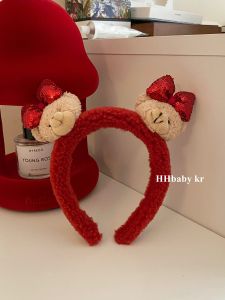 New Year Red Bowknot Bear Lamb Plush Hairband Face Wash Hair Clip Soft Cute Animal Design Fashionable Hair Accessories