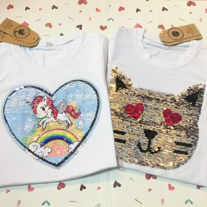 Color-Changing Flip Sequin Watermelon Pony Pig Spider-Man Boys and Girls Short Sleeve Matching Childrens Clothing Pure Cotton T-shirt