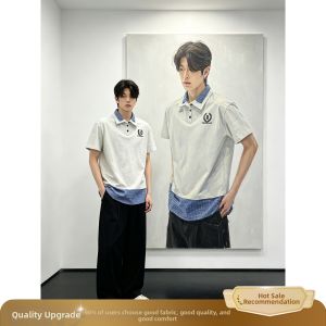 OUMULONG | Color-blocked Checkered Polo Shirt Men Cotton Short Sleeve